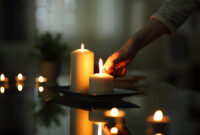Close up of woman hand lighting candles