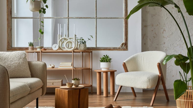 Stylish compositon of modern living room interior with frotte armchair, sofa, plants, wooden commode, side table and elegant home accessories. Home staging. Template. Copy space.