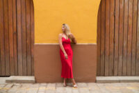 Young, blonde, beautiful woman in a red