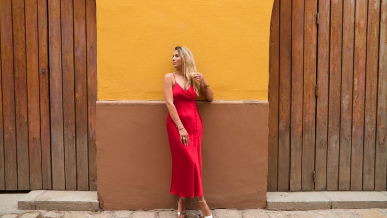 Young, blonde, beautiful woman in a red