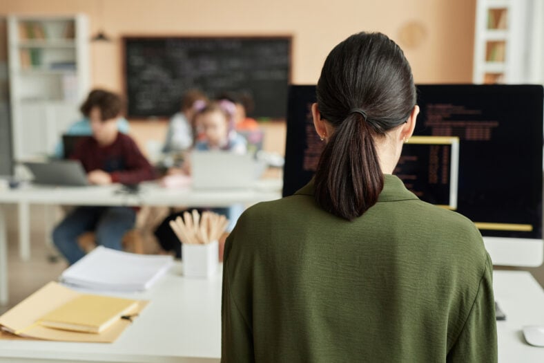 Back view at female teacher using computer