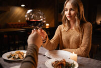 Couple clinking glasses of wine in restaurant