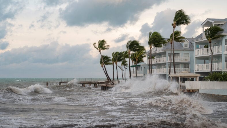 An angry ocean, lashing the shore of Key West, Florida, as it is glanced by a hurricane, at sunrise