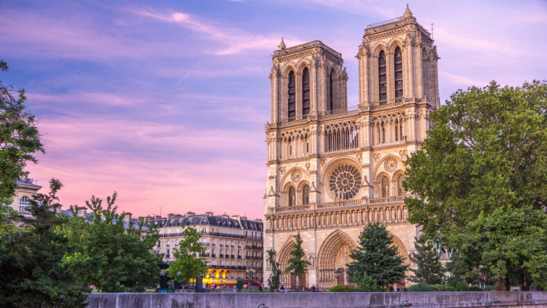 Front view of illuminated Notre Dame De