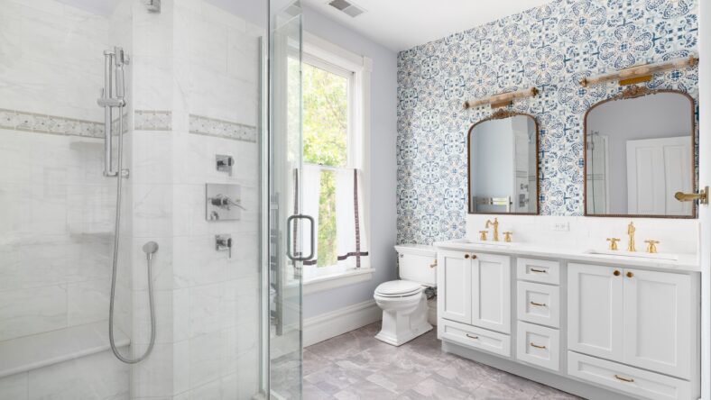 bathroom with blue and white wallpaper