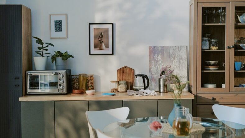 Modern kitchen interior featuring countertop with electric oven, glass jars, electric kettle, cutting board, and decorative plants, glass dining table with chairs in foreground