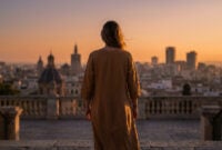 A woman in a brown dress stands