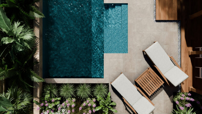 Aerial view of luxury swimming pool design and garden landscaping. Modern beach house architecture with tropical palms and trendy aesthetic materials natural stones and concrete tiles. Top view. Private hotel villa resort rental concept. 3d render