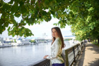 A young woman in a white shirt