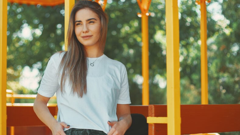 Portrait young, charming student girl relaxing on