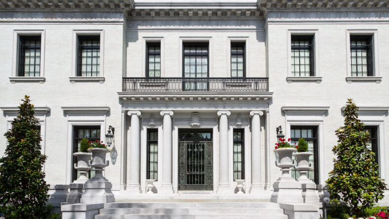 An old white stone mansion in Savannah, Georgia