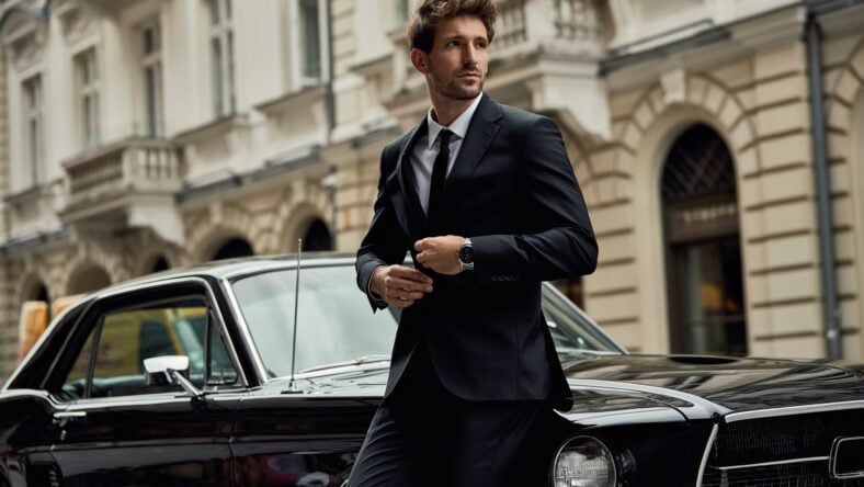 Young handsome man with black classic car