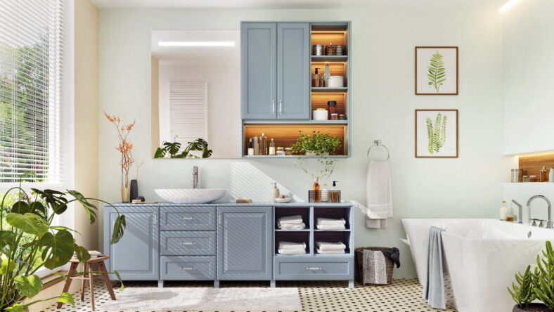 Beautiful bathroom with bath and a large window