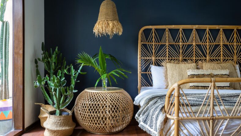 Traditional asian bedroom with ethnic decor, lamp over nightstand table, comfortable bed, carpet or rug, exotical cactus in basket and natural green plant composition. Conceopt of cozy house interior