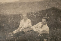 Married couple relaxing at field during picnic.