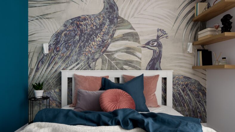 Charming and nice decorated bedroom with big bed with stylish bedclothes and beautiful wallpaper