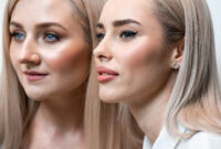 Two blonde women portrait in beauty salon
