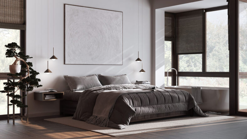 Contemporary wooden bedroom with bathtub in white and dark tones. Double bed, freestanding bathtub, parquet and wallpaper. Japandi interior design