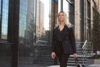 Pretty 30s business woman take walk. lady