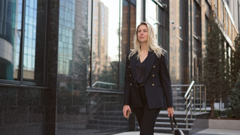 Pretty 30s business woman take walk. lady